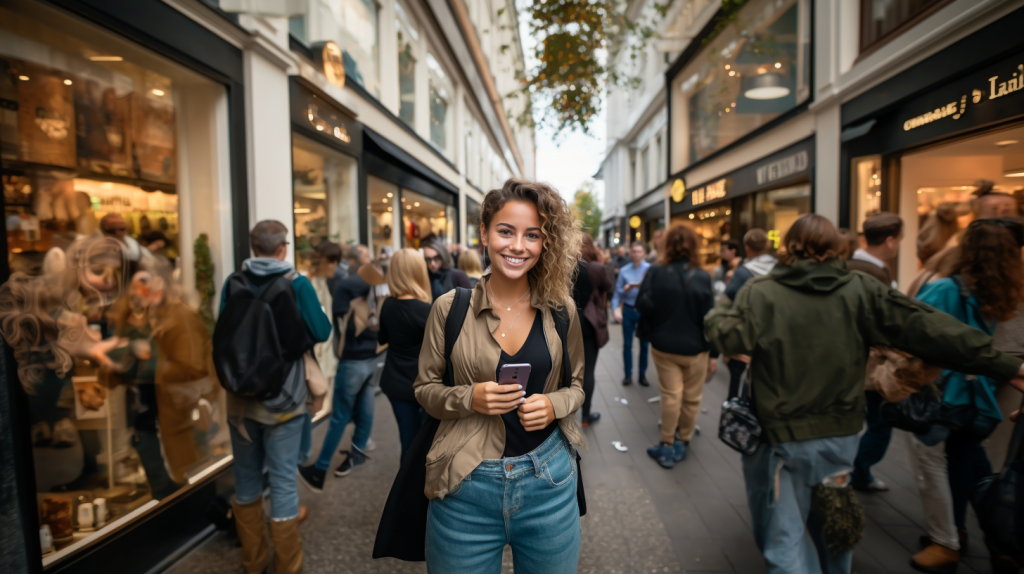 Chica saliendo feliz de la tienda Yoigo con su nuevo iPhone