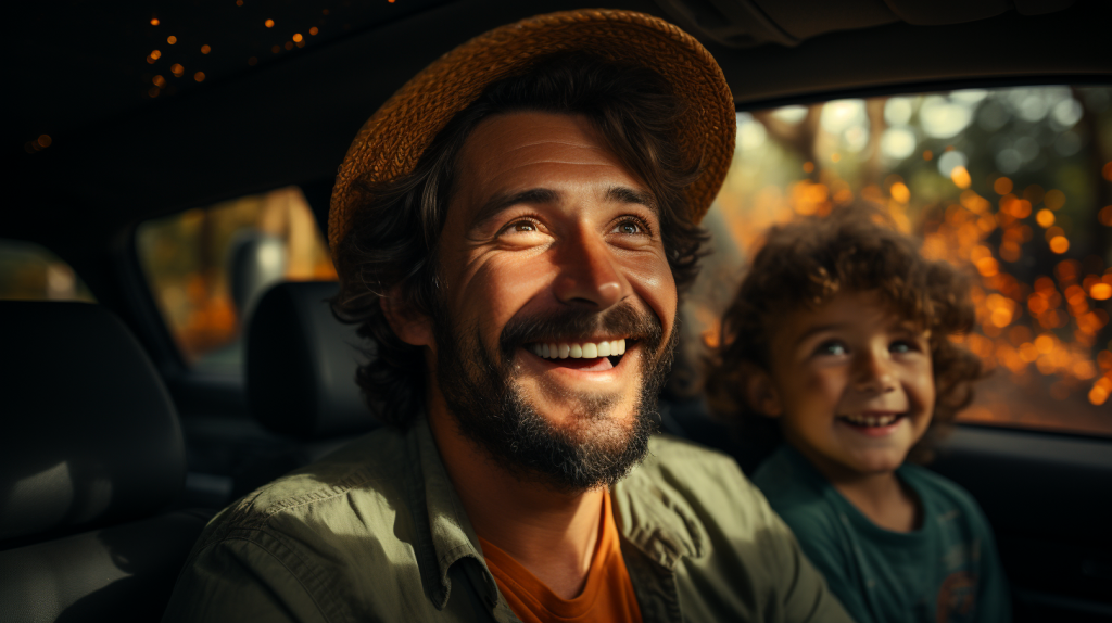 Hombre que se siente seguro junto a su familia dentro del vehículo porque contrató Genesis Seguros